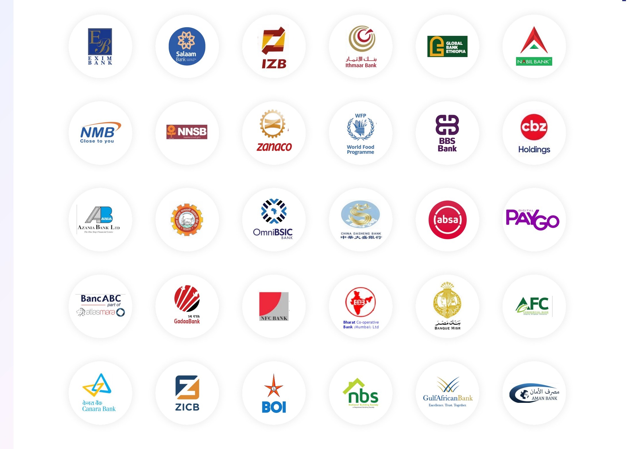A grid of client bank and enterprise logos including Exim Bank, Salaam Bank, IZB, Ithmaar Bank, Global Bank Ethiopia, Nabil Bank, NMB, NNSB, Zanaco, World Food Programme, BBS Bank, CBZ Holdings, Azania Bank, OmniBSIC, China Dasheng Bank, Absa, Digital PayGo, BancABC, Gadaa Bank, NFC Bank, Bharat Co-operative Bank, Banque Misr, AFC, Canara Bank, ZICB, BOI, NBS, Gulf African Bank and Aman Bank.