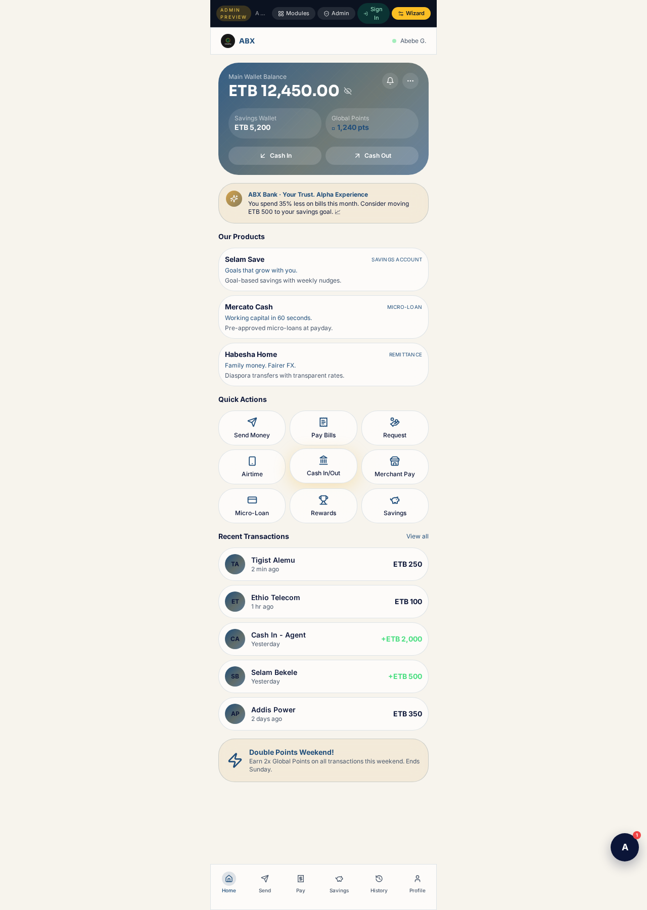 ABX wallet — balance and quick actions
