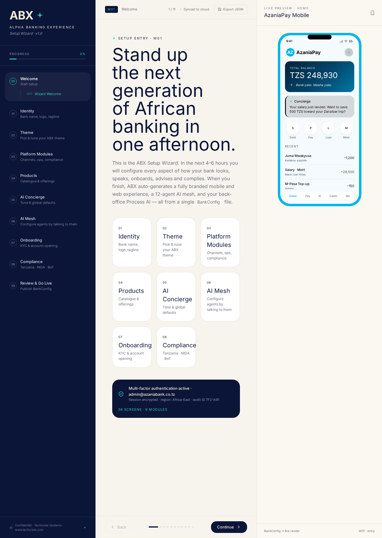 ABX Setup Wizard — AzaniaPay live preview